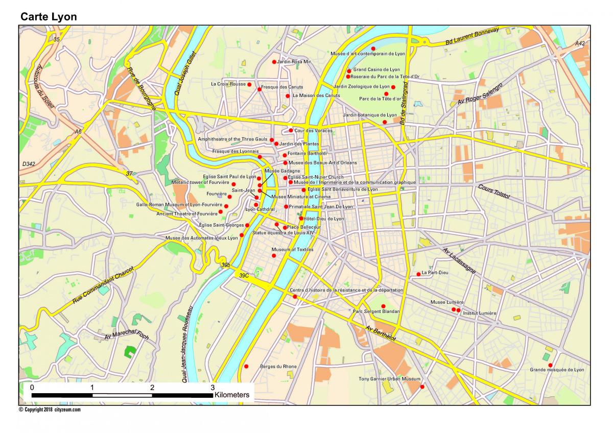 Lyon turismo-erakargarri mapa